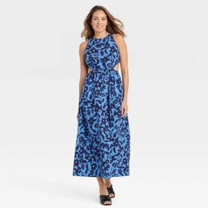 Who What Wear Target Blue Seaside Floral Maxi Dress Side Cut-Outs Size Medium